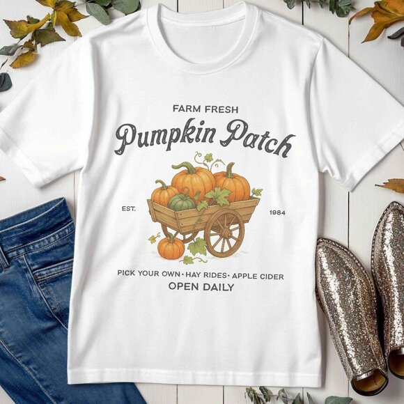 Pumpkin Patch Fall Graphic Tee Autumn Vintage Farmers Market Style T-Shirt - Picture 2 of 4